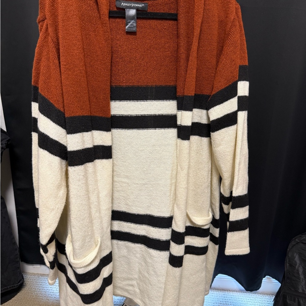 Ashley Stewart Women's Striped Cardigan - Rust, Black, and Cream
